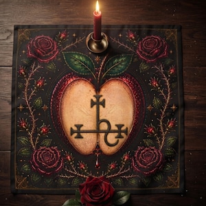 May include: A square black fabric altar cloth featuring a central halved apple illustration with a black sigil symbol. The design is framed by dark red roses, thorny vines, and small gold stars. A lit red candle sits in a metal holder at the top centre.