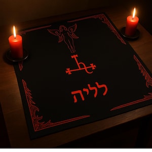 May include: Black altar cloth with red decorative border, symbols, and text. The cloth features an angel figure, a cross-like symbol, and Hebrew text. Two red candles in black holders flank the cloth.
