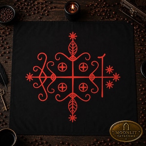 May include: A square black altar cloth featuring a symmetrical red graphic design composed of intricate swirls, leaf-like shapes, and four circular symbols with crosses inside. The design is centred on the fabric, which has a clean, flat surface.