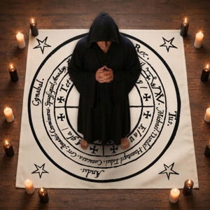Pode incluir: Uma túnica preta com capuz usada por uma figura em pé sobre um pano quadrado branco sujo com um grande selo oculto circular preto com texto incluindo Conabal, Tetragrammaton e Agla, cercado por doze velas pretas acesas em um piso de madeira.
