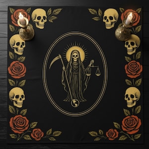 May include: Black tablecloth featuring a central illustration of a robed skeleton figure holding a scythe and scales, surrounded by a gold oval frame. The border includes skulls, roses, and candles in brass holders.