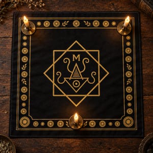 Puede incluir: Un mantel de altar cuadrado negro con un diseño geométrico dorado que incluye una pirámide central, la letra M y motivos circulares. El borde presenta patrones de hojas y círculos. Tres velas encendidas en candelabros de latón están colocadas.