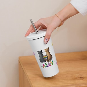 Ally Cats Tumbler with Straw – LGBTQ+ Pride Stainless Steel Travel Cup – Rainbow Heart Cat Mug with Lid –Queer Ally Gift – Insulated