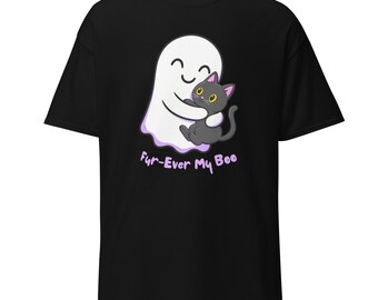Camiseta "Fur-Ever My Boo": Linda camiseta de Halloween con un gato abrazando a un fantasma, regalo para amantes de las mascotas en una temporada espeluznante, camiseta clásica unisex de otoño