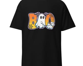 Linda camiseta de fantasma paseando a un perro fantasma/BOO en colores festivos de Halloween, camiseta clásica unisex