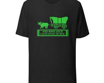 Oregon Trail-parodieshirt – "You Have Died Listening to RFK" satire retro gaminghumor