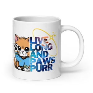 Live Long and PawsPurr White glossy mug , Star Trek Gift, Trekkies & Cat Lovers, Sci-Fi Enthusiasts, Pet Owners, Feline Vulcan