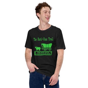 Anti-Vax Trail-shirt - grappige Oregon Trail-parodie, humor uit de jaren 80, retro gaming-uniseks T-shirt, grafisch shirt politieke satire voor gamers afbeelding 1