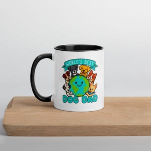 World’s Best Dog Dad Mug – Cute Cartoon Dogs Around Earth | Colored Handle & Inside | Dog Lover Gift | Father’s Day Pet Dad Cup