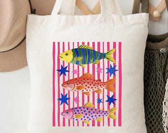 Colorful Fish Tote Bag, Beach Tote Bags, Travel Beach Bag, Beach Trip Tote Bag, Bag for Girls Trip, Girls Beach Bag, Summer Women Tote Bag