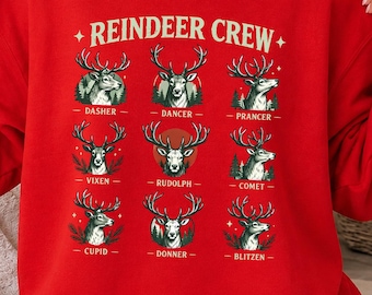 Reindeer Crew Sweatshirt, Christmas Reindeer Hoodie, Reindeer Names Sweater, Rudolph Sweatshirt, Holiday Season Sweater, Reindeer Lover Gift