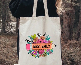 Custom Teacher Tote Bag, Floral Teacher Tote Bag, Personalized Teacher Tote Bag, Cute Teacher Bag, Gift For Teacher, Teacher Appreciation