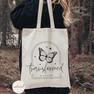 Transformed by God&#39;s Love Tote Bag, Butterfly Tote Bag, Cute Christian Bag, Church Tote Bag, Religious Gift, Bible Verse, Aesthetic Tote Bag