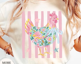 Comfort Colors® Floral Chicken Ribbon T-Shirt, Farmhouse Chicken Tee, Country Farm Shirt, Cottage Farm Animal Tee, Rustic Chicken Lover Gift
