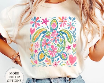 Comfort Colors® Boho Floral Turtle Shirt, Ocean Lover, Aesthetic Turtle Shirt, Woman Summer Tee, Trendy Beach Gift, Nautical Tee, Sea Turtle