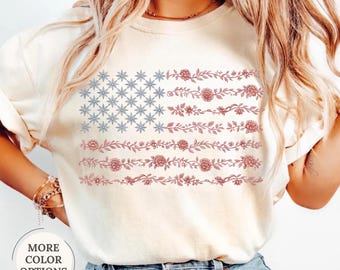 Comfort Colors® Floral American Flag Shirt, Chinoiserie USA Flag, 4th Of July Womens Shirts, Patriotic Mom Gifts, American Girls, USA Tshirt