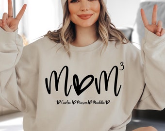 Mom 3 Sweatshirt, Mom of Three Sweater, Custom Mom Hoodie, Mom Sweat With Kids Names, Gift For Mom, Mothers Day Sweatshirt, Mom To The Power