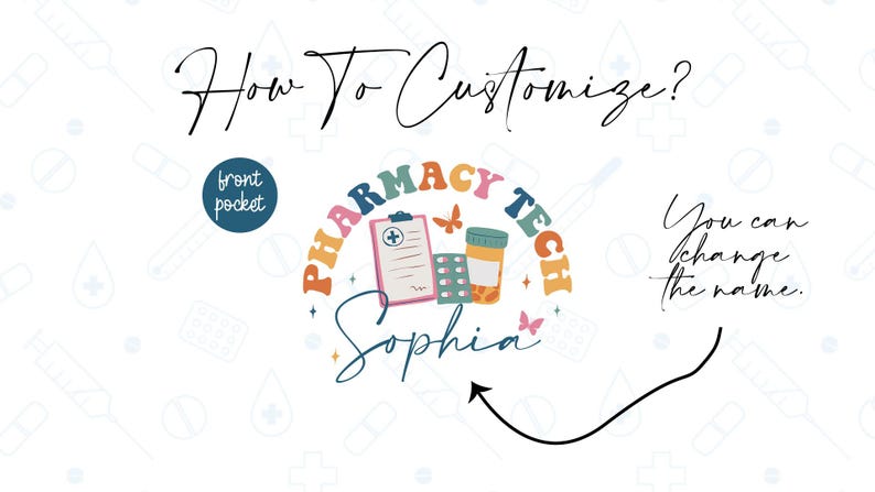 May include: A white background featuring a Pharmacy Tech design with a clipboard, prescription bottle, pills, and butterflies. Text includes "How To Customize?" and "You can change the name."