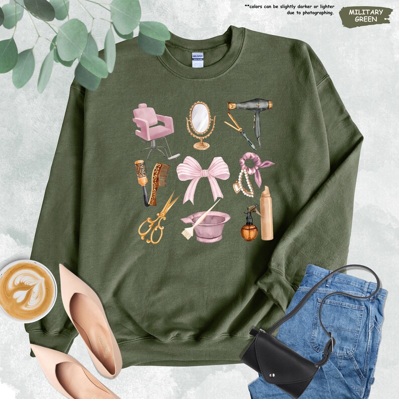 a green sweatshirt with various items on it