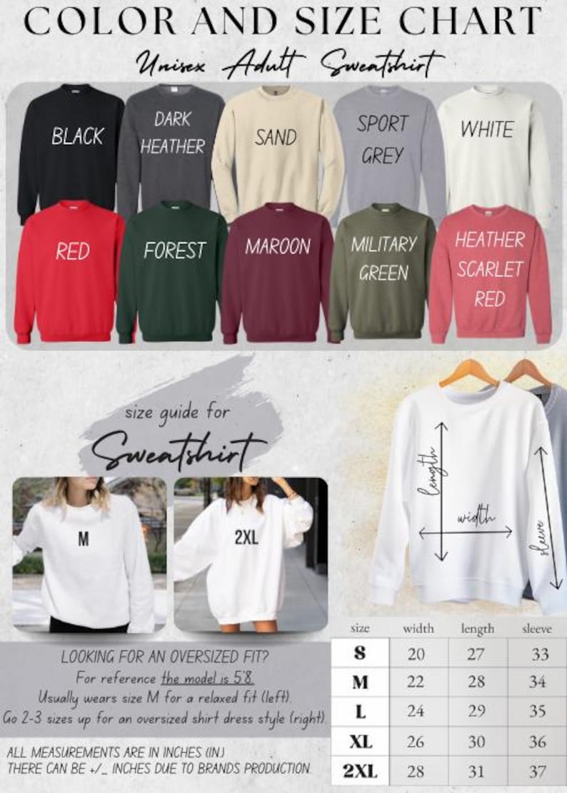 the color and size chart for a sweatshirt