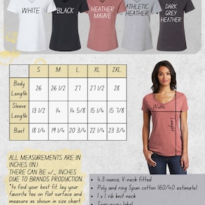 May include: Size chart for a women's V-neck shirt in various colors, including white, black, heather mauve, athletic heather, and dark grey heather. The chart shows measurements in inches for body length, sleeve length, and bust for sizes S, M, L, XL, and 2XL. The chart also includes details about the shirt's fabric and construction, such as 4.3-ounce, V-neck fitted, poly and ring spun cotton (60/40 estimate), 1x1 rib knit neck, tear-away label, and shoulder to shoulder taping.