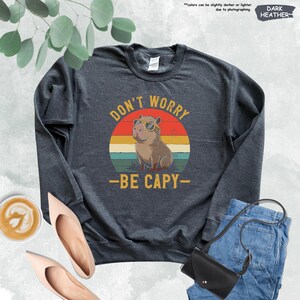 May include: Dark heather gray sweatshirt with a graphic of a capybara wearing sunglasses inside a retro sunset circle. Text reads "DON'T WORRY - BE CAPY-". The sweatshirt is paired with jeans, a black purse, and shoes.