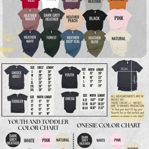 May include: Color and size chart for unisex adult, youth, toddler, and onesie shirts. Includes a color palette with options like red, white, black, and pink. Measurements are in inches.