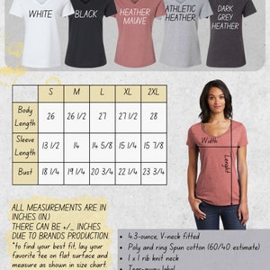 May include: Size chart for a women's V-neck shirt in various colors, including white, black, heather mauve, athletic heather, and dark grey heather. The chart shows measurements in inches for body length, sleeve length, and bust for sizes S, M, L, XL, and 2XL. The chart also includes details about the shirt's fabric and construction, such as 4.3-ounce, V-neck fitted, poly and ring spun cotton (60/40 estimate), 1x1 rib knit neck, tear-away label, and shoulder to shoulder taping.