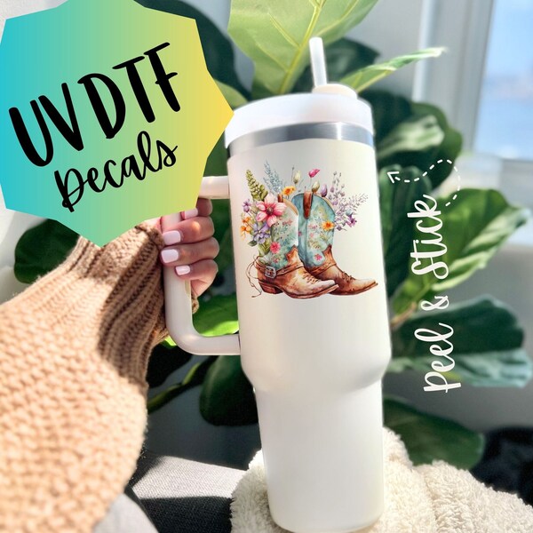 Boho Country Boot Flower UV DTF Decal Customize your Stanley DIY Gift Sticker Libbey Glass Can Country Western Decal for Coffee Mug Her Gift