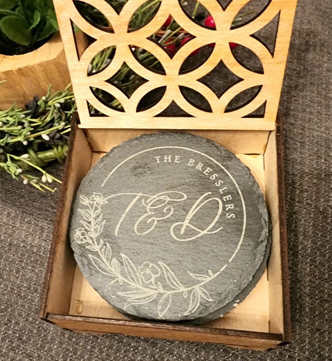 Personalized Coasters With Custom Holder Set of 4 Round Slate Etsy