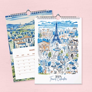 Calendar, 2024 Blue Travel Wall Calendar, Monthly Calendar, Travel Calendar, Illustrated 12 Month Calendar, Travel Gift, Wall Decor