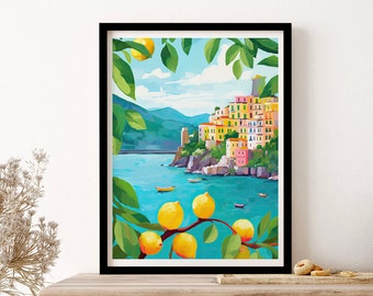 Amalfi Italy Lemons Travel Painting Illustration Wall Art Print Poster Framed Art Gift
