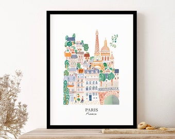 Paris France 2 Gouache Travel Illustration Wall Art Print Poster Framed Art Gift