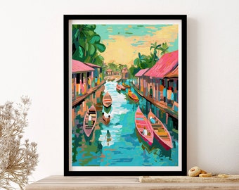 Bangkok Thailand Floating Market Travel Illustration Housewarming Painting Wall Art Print Poster Framed Art Gift