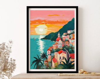 Amalfi Coast Sunrise Painting Italy Travel Illustration Wall Art Print Poster Framed Art Gift