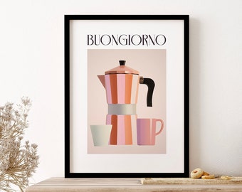 Moka Espresso Italian Coffee Maker Buongiorno Pink Wall Art Print Poster Framed Art Gift