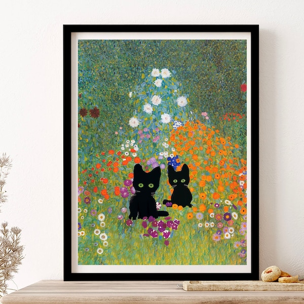Gustav Klimt Cottage Garden With Black Cats Wall Art Print Poster Framed Art Gift