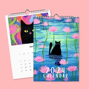 2024 Black Cat Illustrations Wall calendars - Monthly Calendar, Illustrated 12 Month Calendar, Wall Decor, Kitties