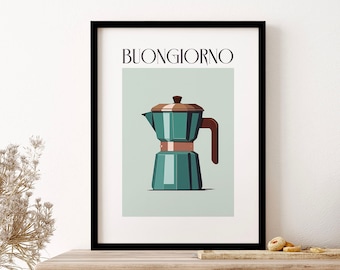 Moka Espresso Italian Coffee Maker Buongiorno Blue Wall Art Print Poster Framed Art Gift