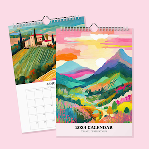 2024 Travel Wall Calendar, Monthly Calendar Planer, Travel illustrated calendar, Stationary - Watercolor