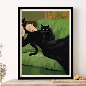 Decadent Young Woman After The Dance With Cats Green Sofa Wall Art Print Poster Framed Art Gift