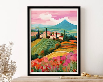 Tuscany Italy Landscape Travel Illustration Italy Housewarming Painting Wall Art Print Poster Framed Art Gift