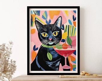 Matisse Style Black Cat With Fancy Cocktail Wall Art Print Poster Framed Art Gift