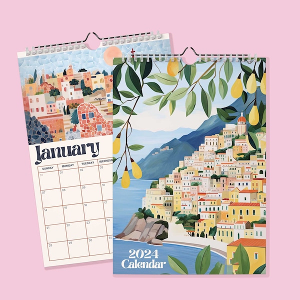 Wall Travel Calendar 2024, Monthly Calendar Planer, Travel illustrated calendar, Stationary - Watercolor