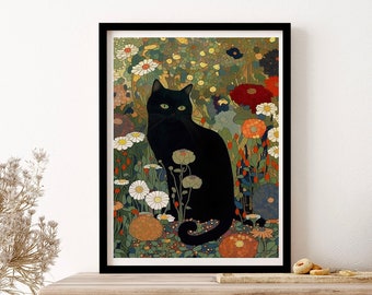 Gustav Klimt, Black Cat In A Garden Wall Art Print Poster Framed Art Gift