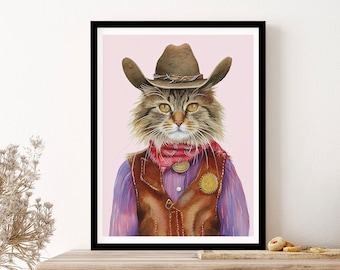 Brown Cat Cowboy Quirky Western Print Pet Decor 2 Wall Art Print Poster Framed Art Gift