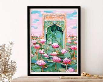 Lotus Gate India Travel Illustration Housewarming Painting Wall Art Print Poster Framed Art Gift