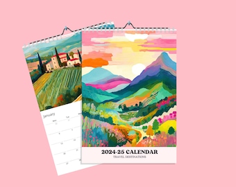 2024 Travel Wall Calendar, Monthly Calendar Planer, Travel illustrated calendar, Stationary - Watercolor
