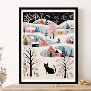 Black Cat In The Snow Winter Art Wall Art Print Poster Framed Art Gift