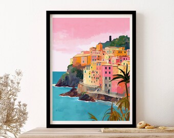 Cinqueterre Italy Travel Illustration Housewarming Painting Wall Art Print Poster Framed Art Gift